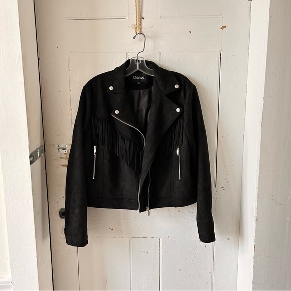 Chartou Faux Suede Fringe Cropped Moto Jacket - Picture 2 of 15